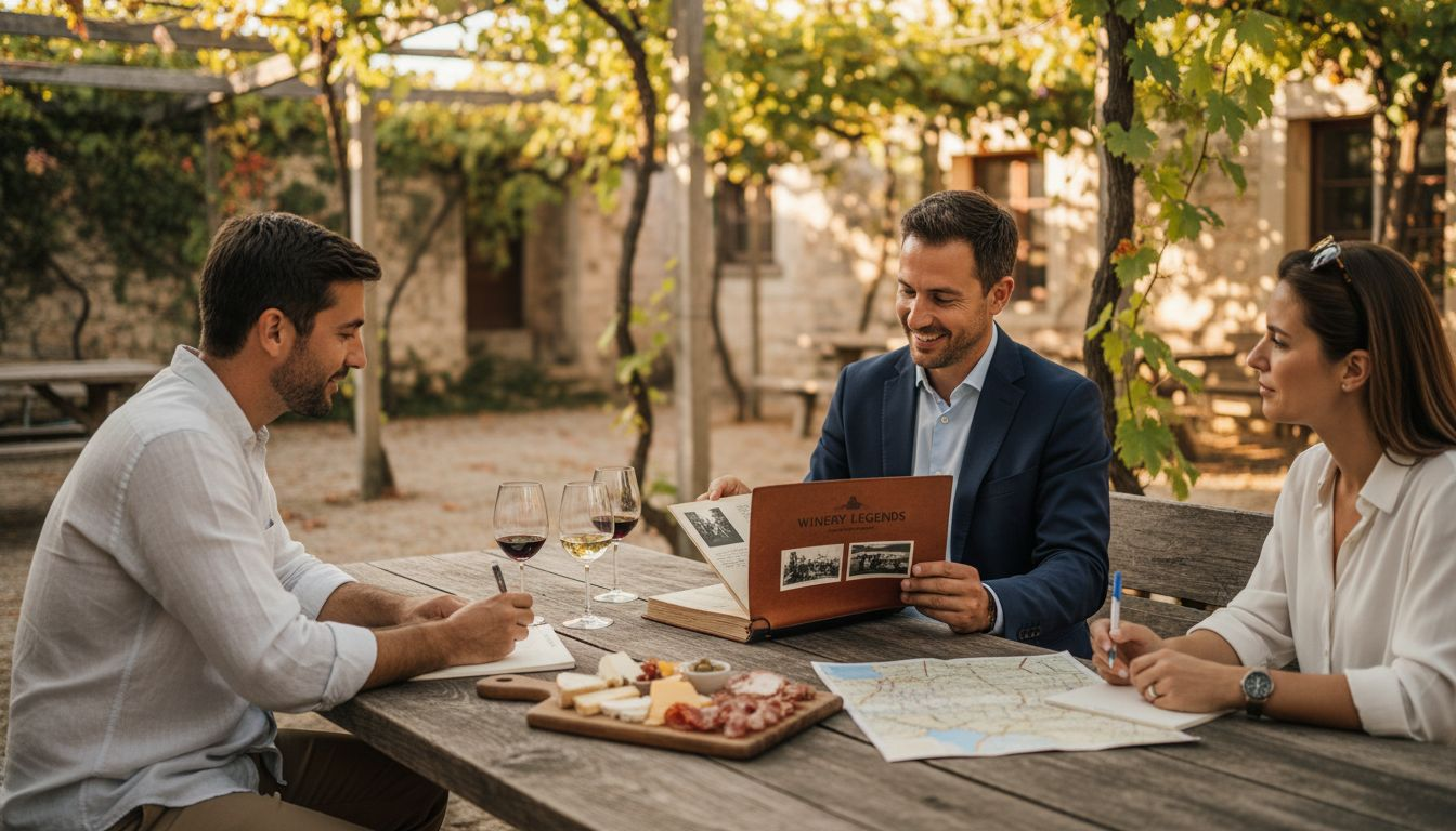 Guests and guide at rustic Croatian winery