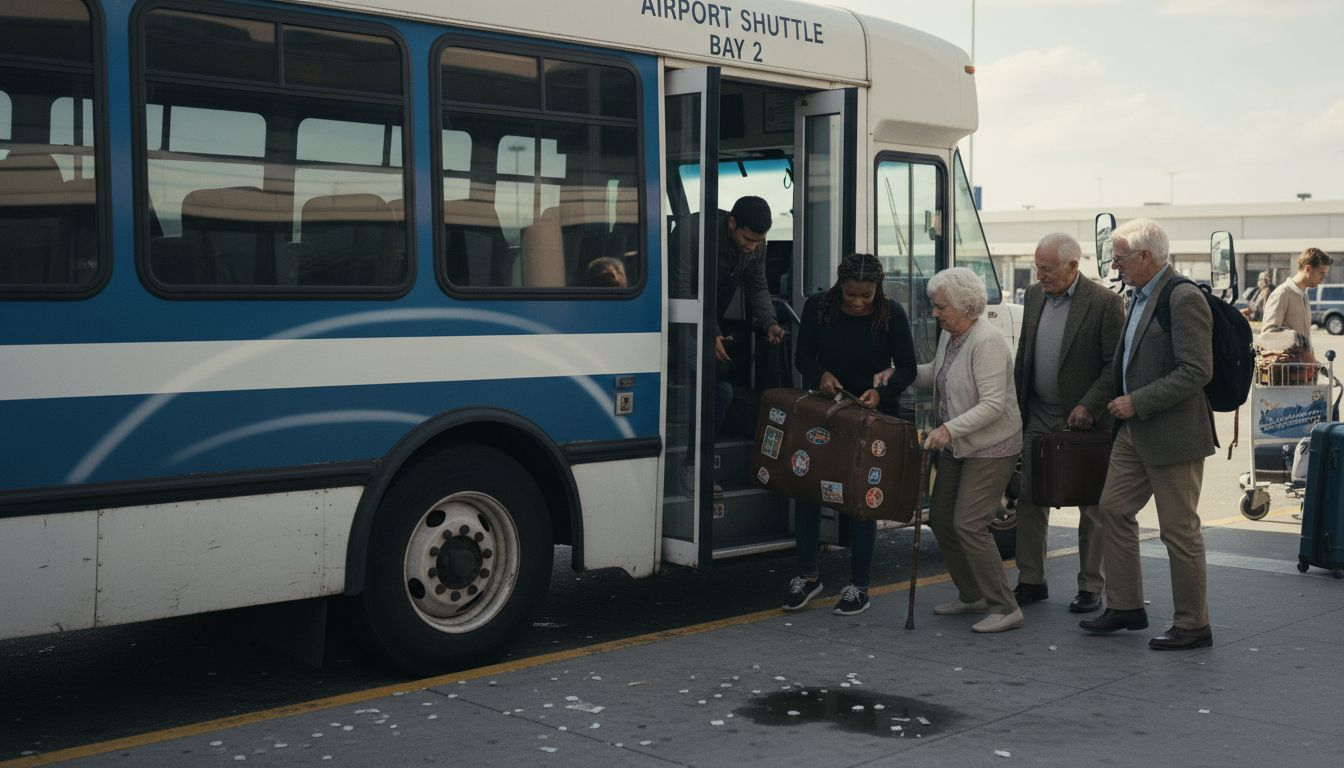 Travelers boarding airport shared shuttle bus