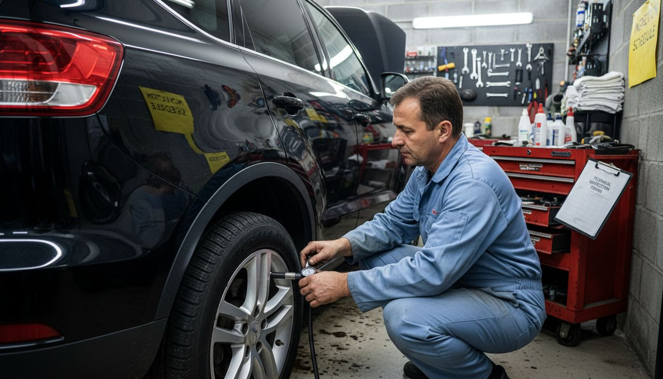 Mechanic inspecting luxury vehicle in garage