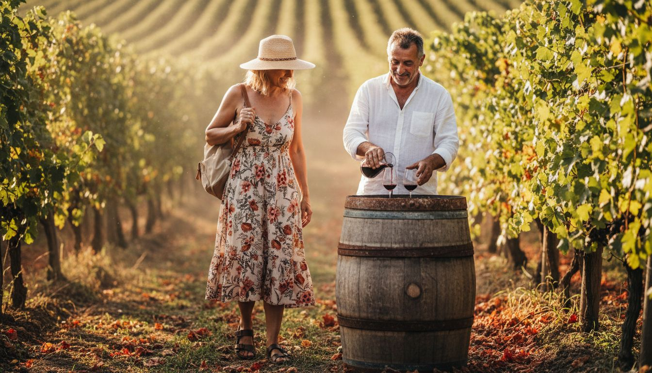 Traveler tasting wine in Korčula vineyard