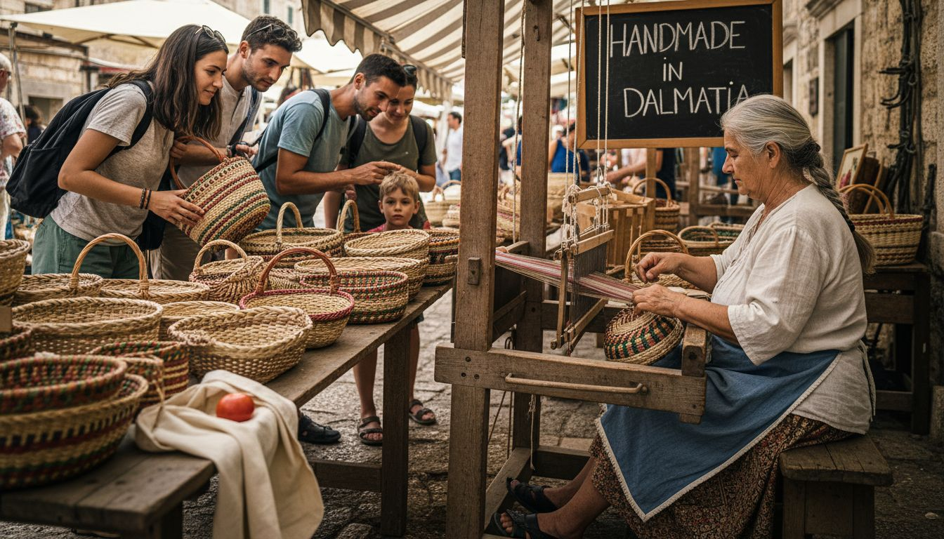 Tourists interact with artisan at Croatian market