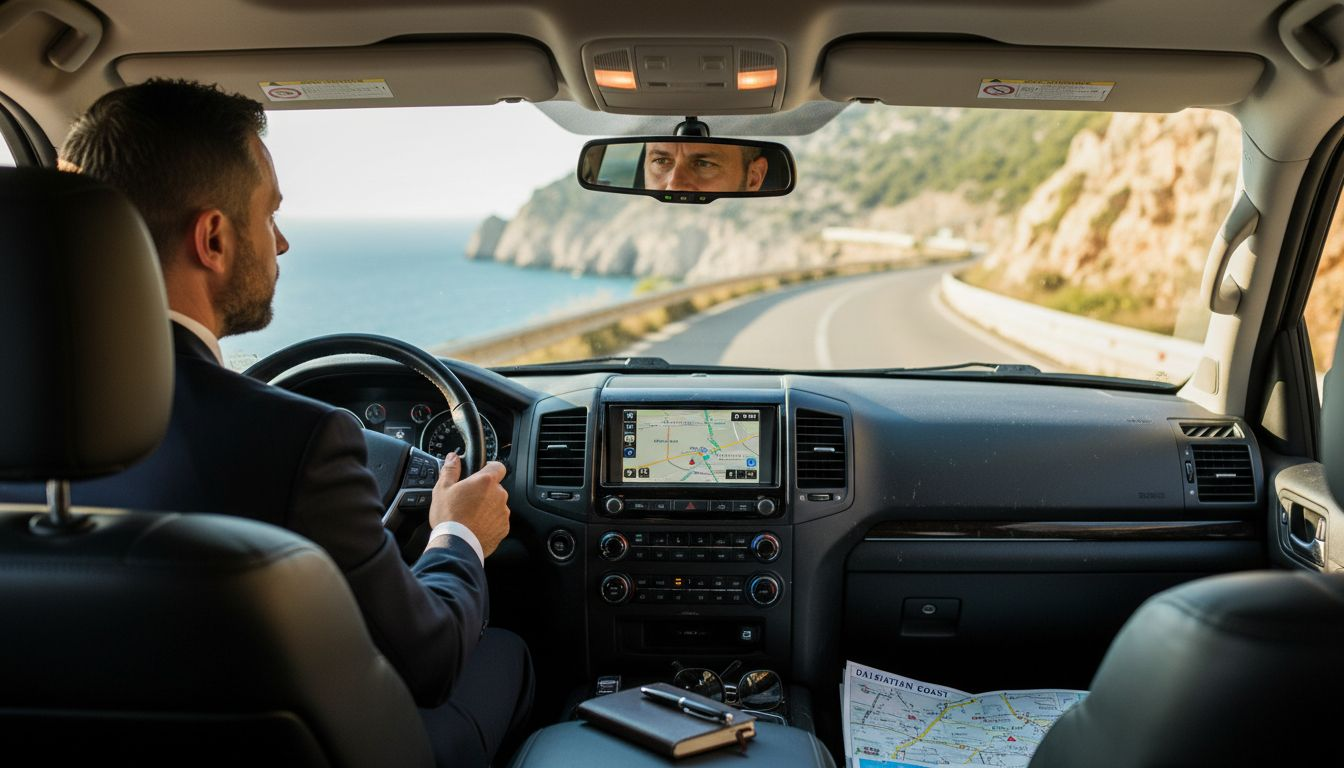 Chauffeur drives luxury SUV on coast