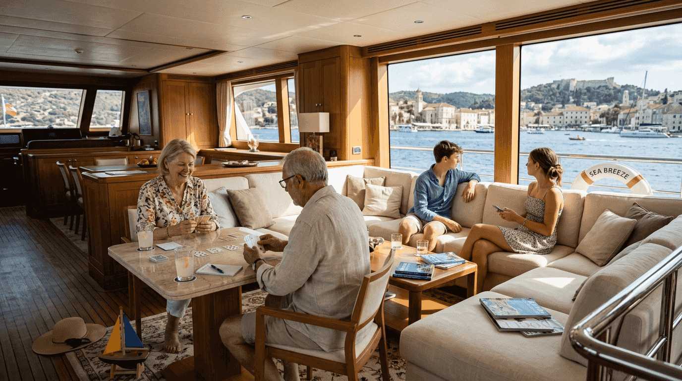 Family enjoying yacht lounge with island view