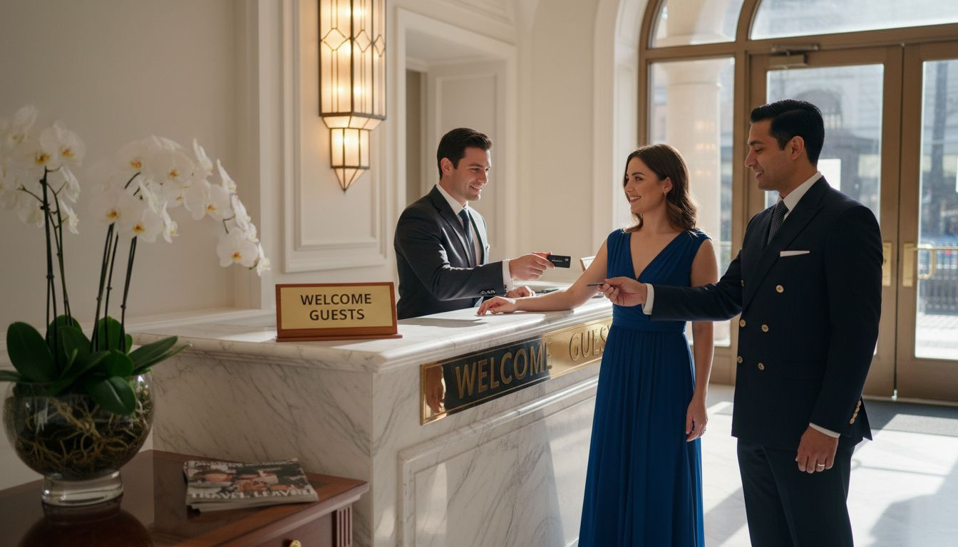 Guests receiving keys in a luxury hotel lobby