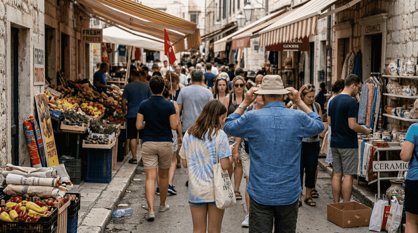 Group tour walking through busy Croatian street