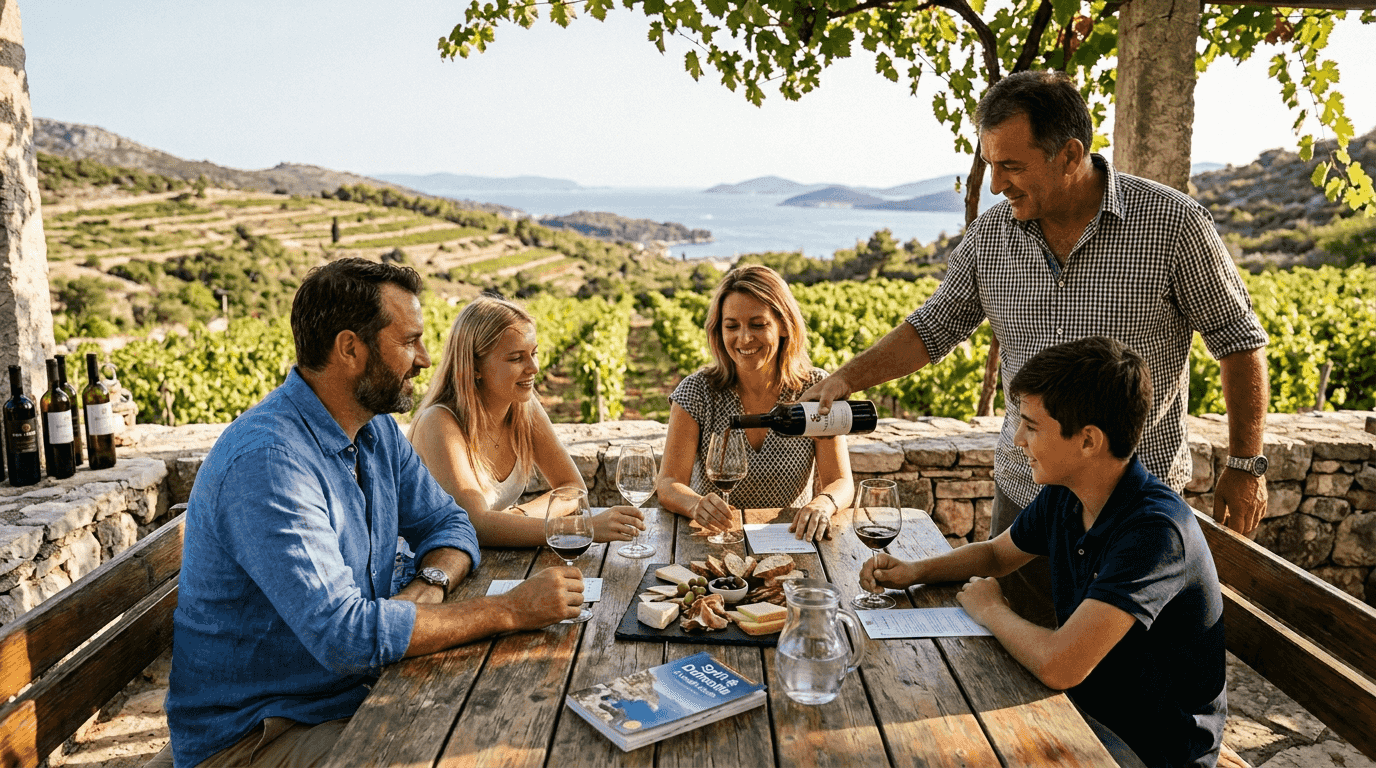 Family tasting wine at Croatian vineyard tour