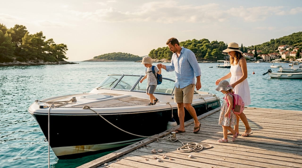 Family prepares to board private boat on Hvar