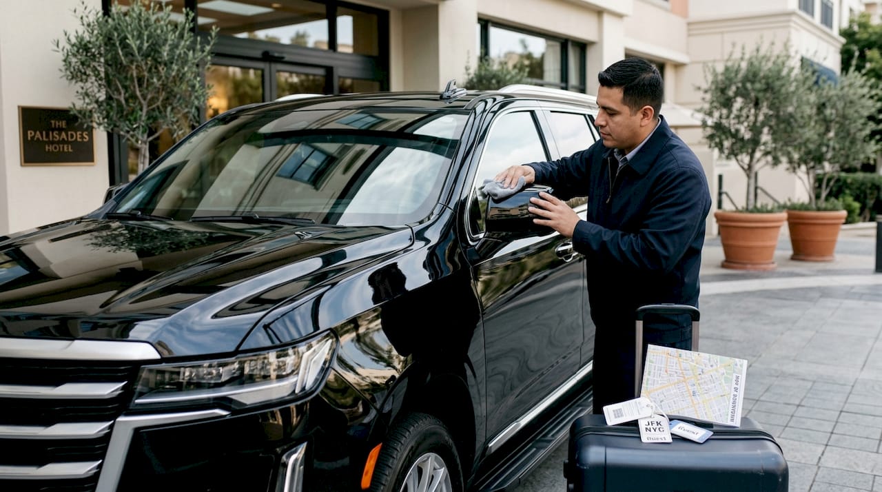 Driver preparing luxury vehicle at hotel entrance