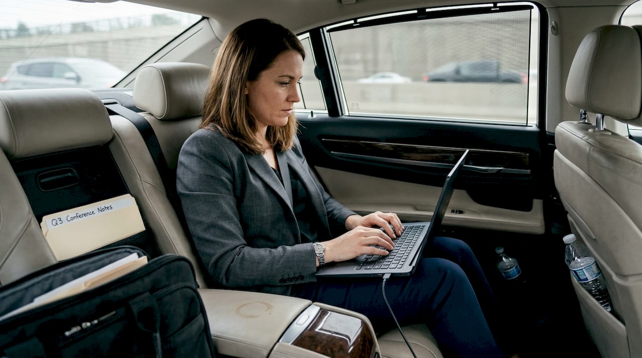 Business traveler using in-car Wi-Fi in sedan