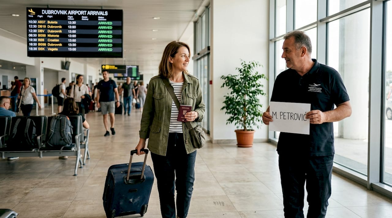 Traveler meeting driver in Dubrovnik arrivals hall