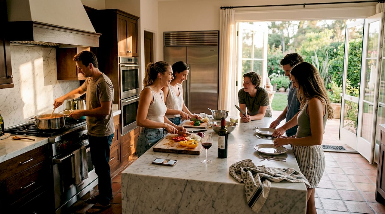 Friends cooking together in spacious Croatian kitchen