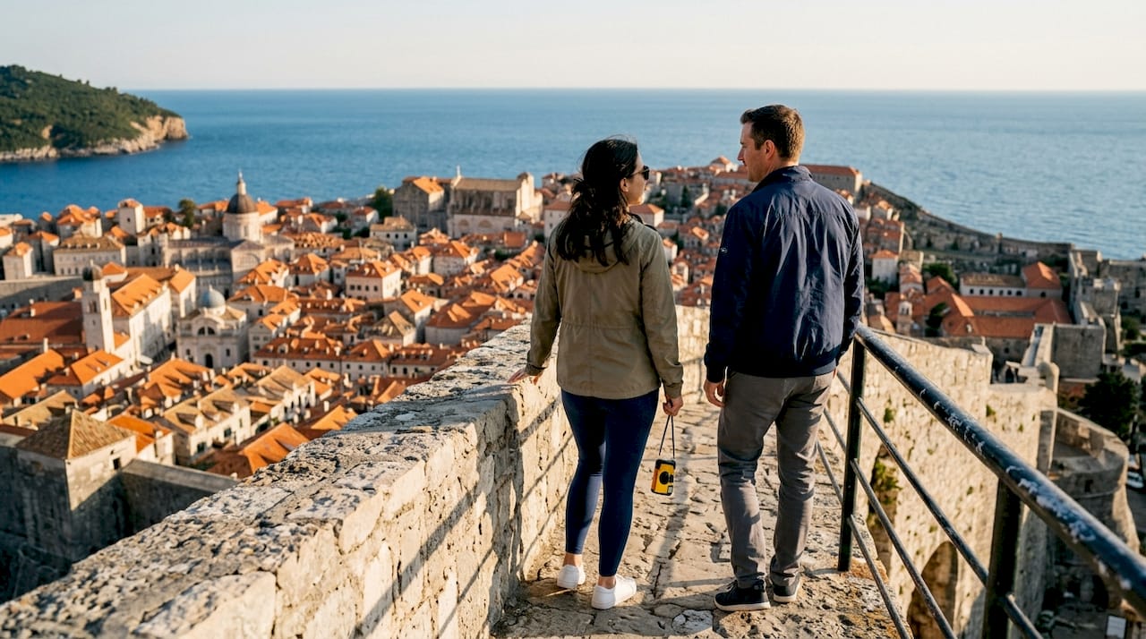Couple walking Dubrovnik Old Town walls