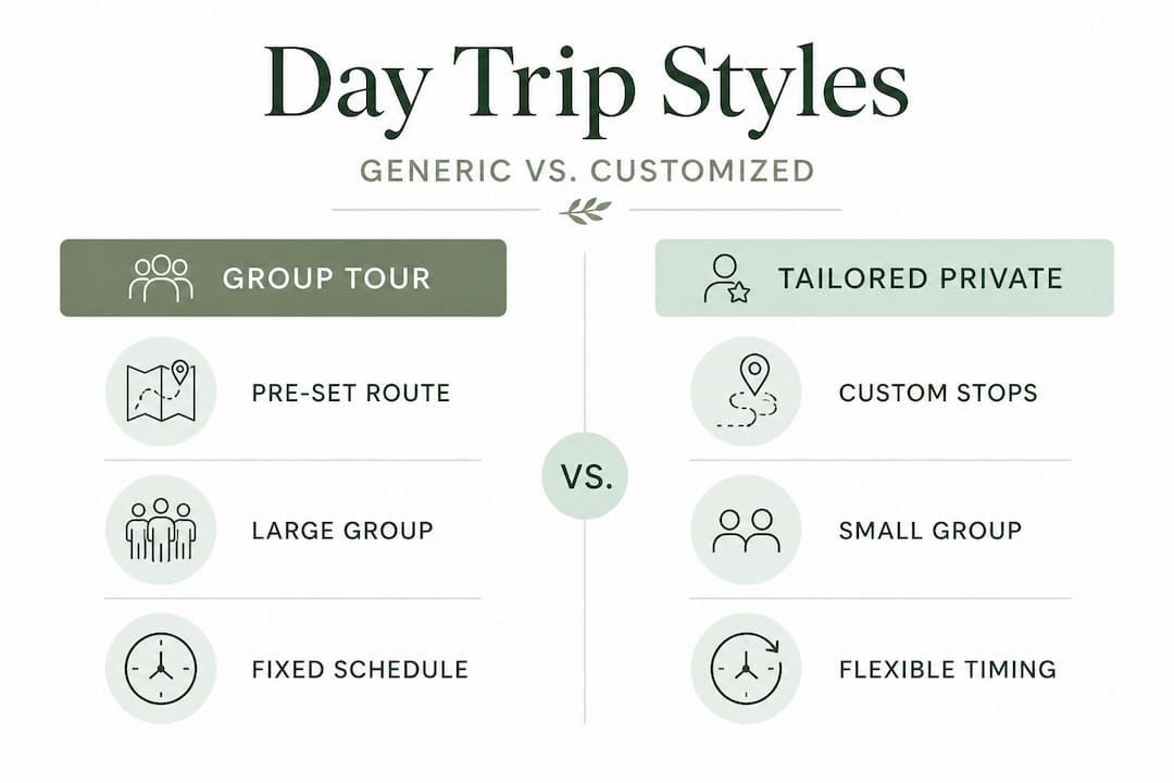 Infographic comparing group and tailored day trip features