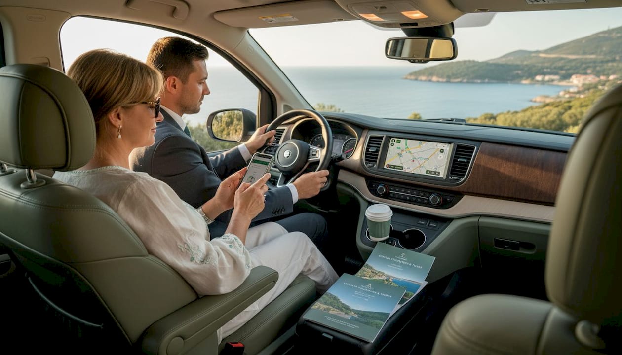 Traveler and driver in van on Croatian coast