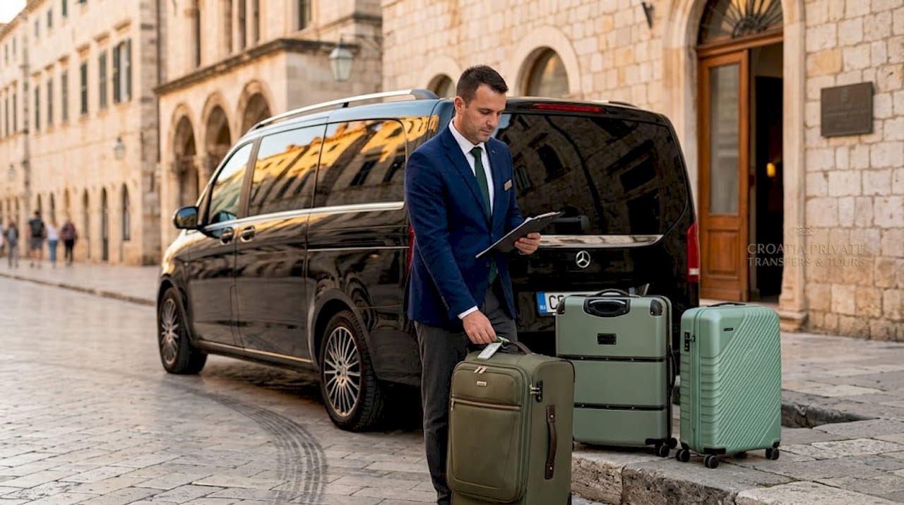 Driver and luxury van outside Dubrovnik hotel
