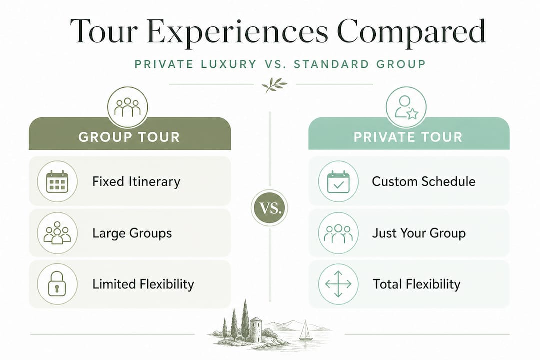 Infographic comparing private and group tours in Croatia