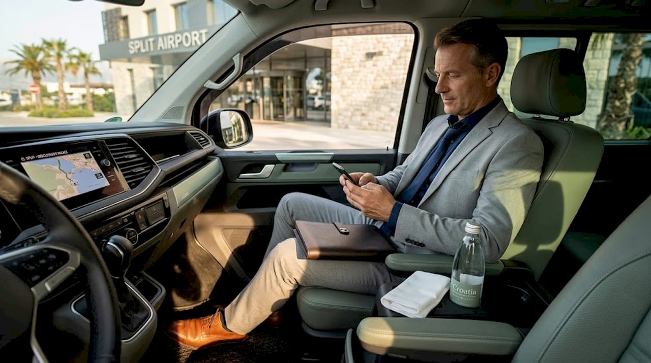 Executive waits in private airport transfer van