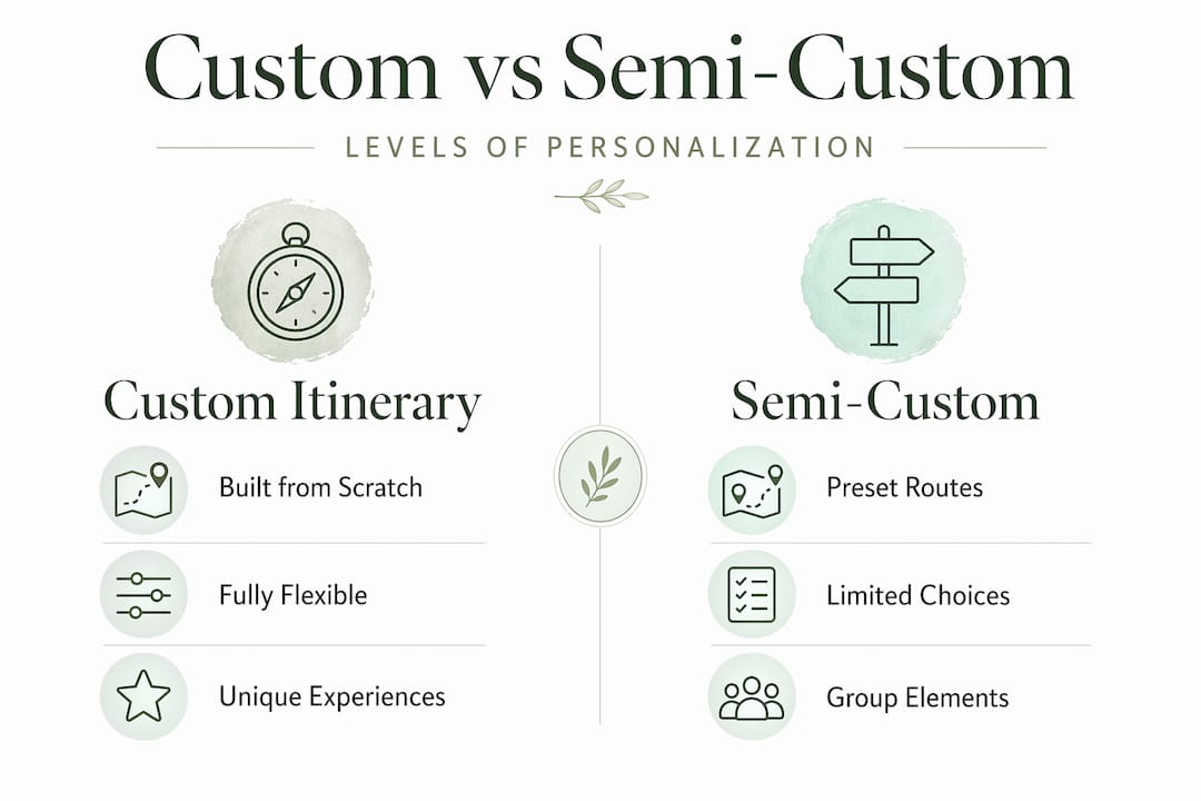 Infographic comparing custom and semi-custom travel itineraries