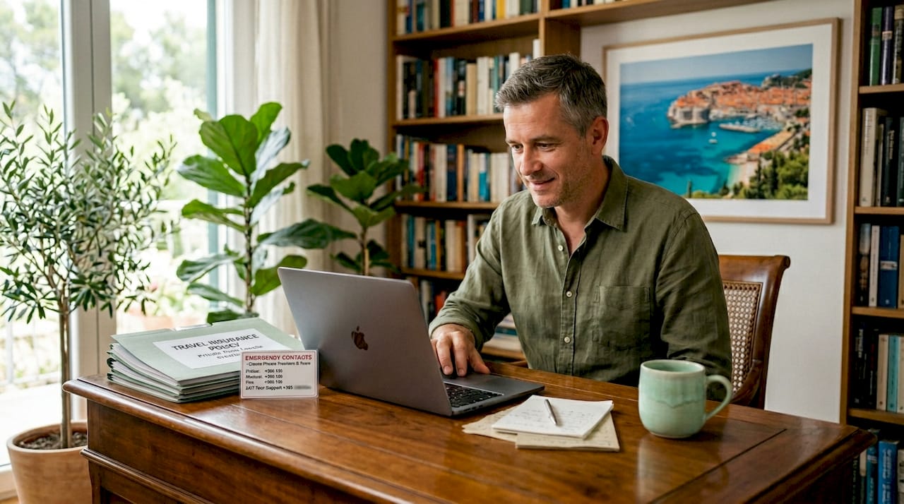 Man preparing travel health and insurance documents