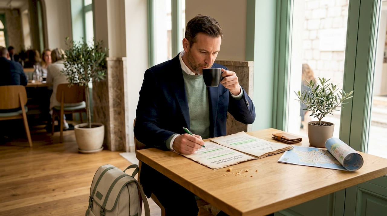 Traveler reviews personalized itinerary in café