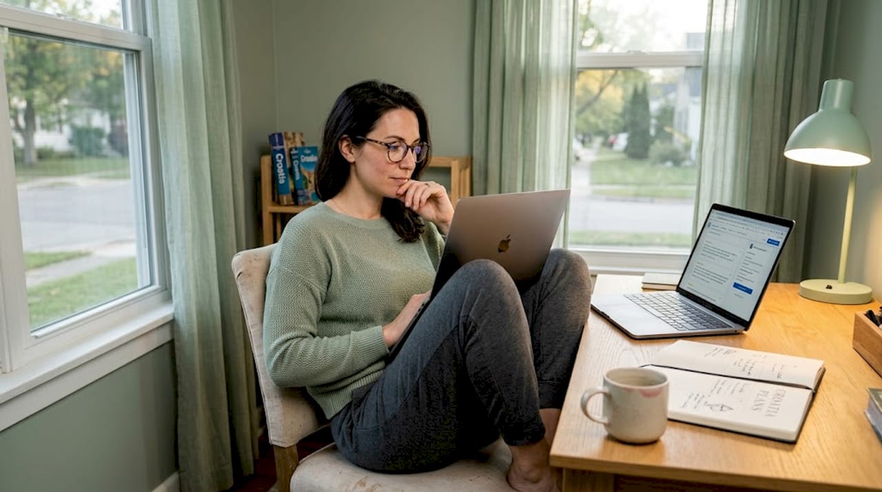 Woman researches transfer provider reviews at home