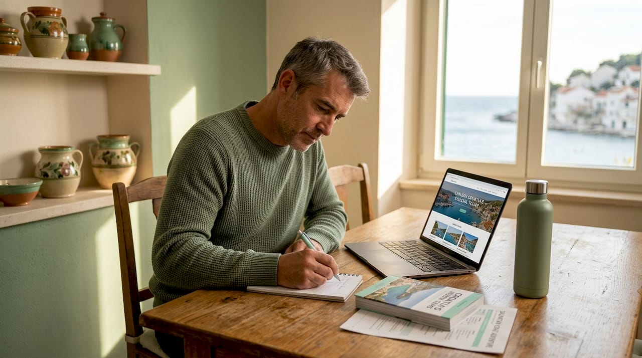 Person researching coastal tour options at home