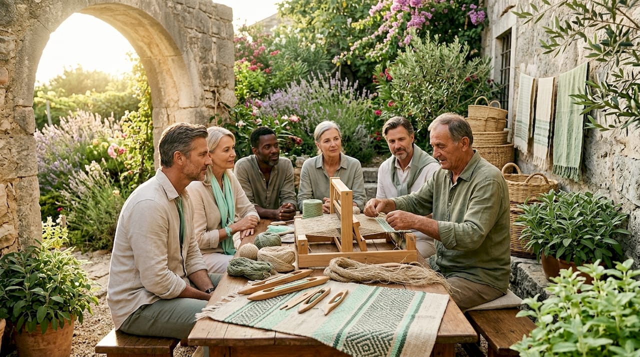 Travelers learning traditional weaving in workshop