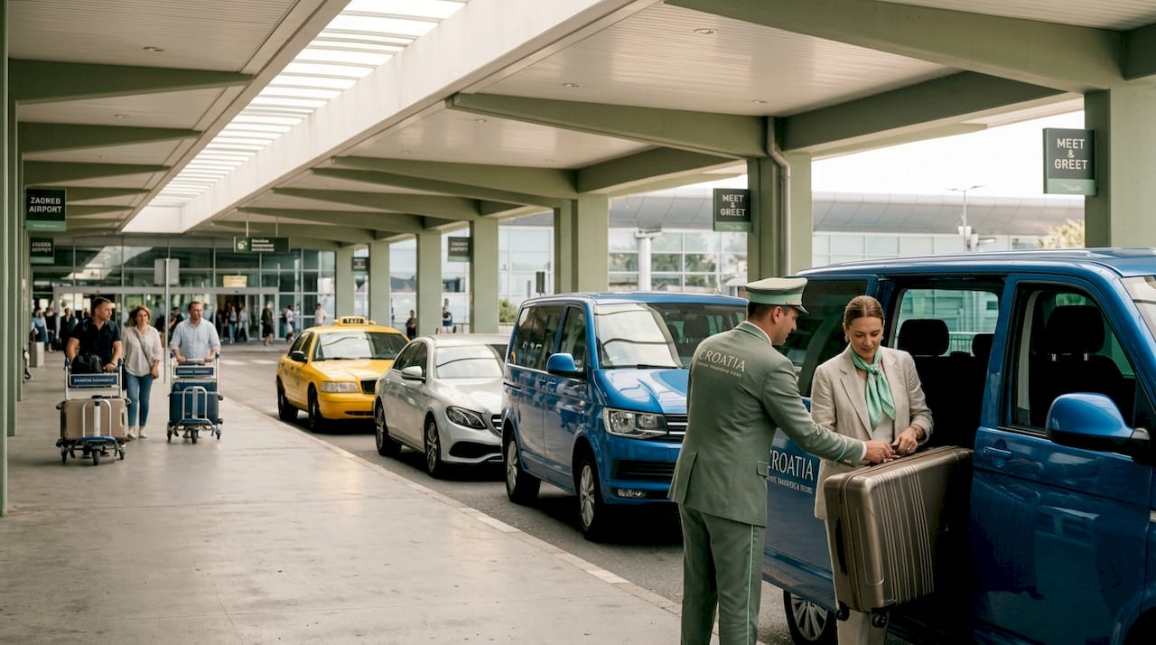 Various airport transfer vehicles at terminal curb