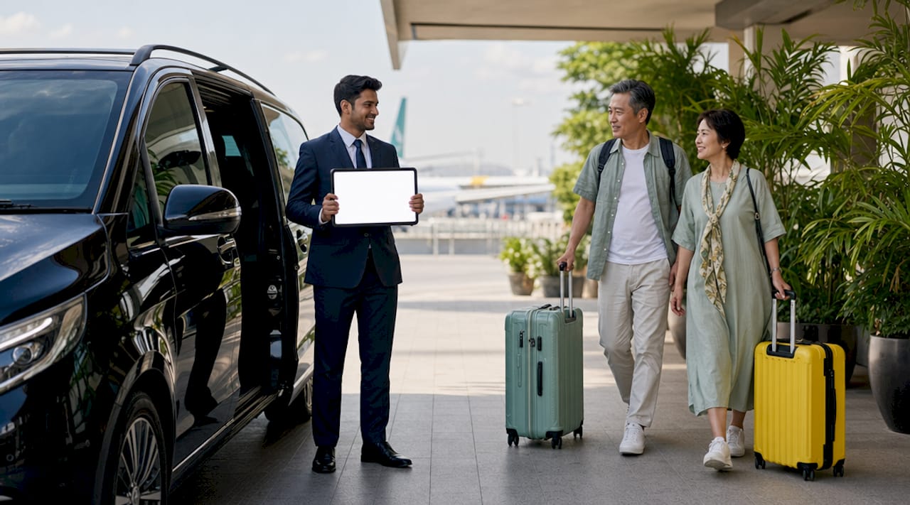 Chauffeur meeting travelers at airport arrivals lounge