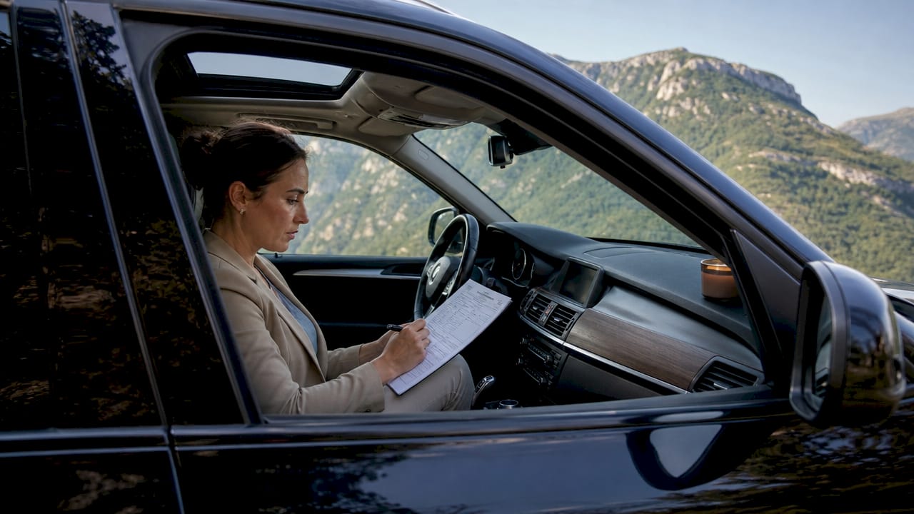 Private driver reviewing itinerary inside car