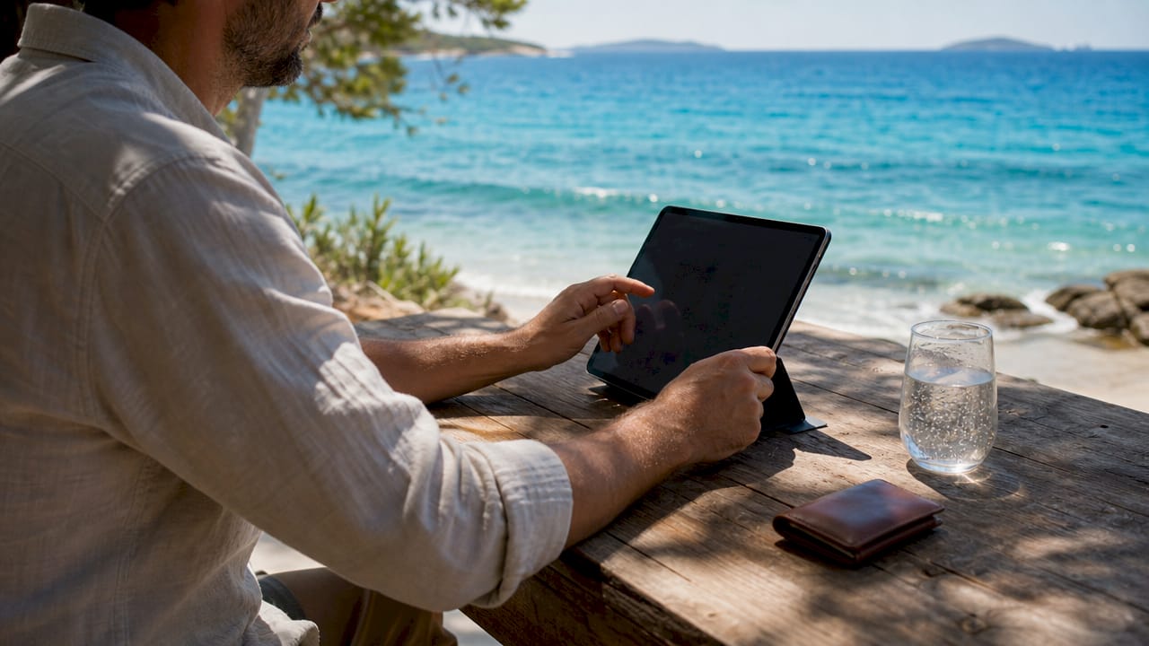 Close-up of travel advisor’s hands using tablet outdoors