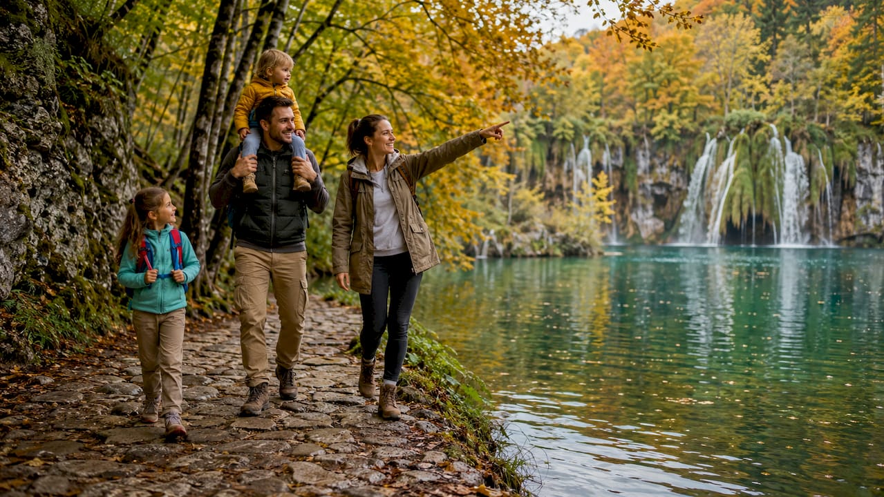 Family hiking on wooden trail near waterfalls