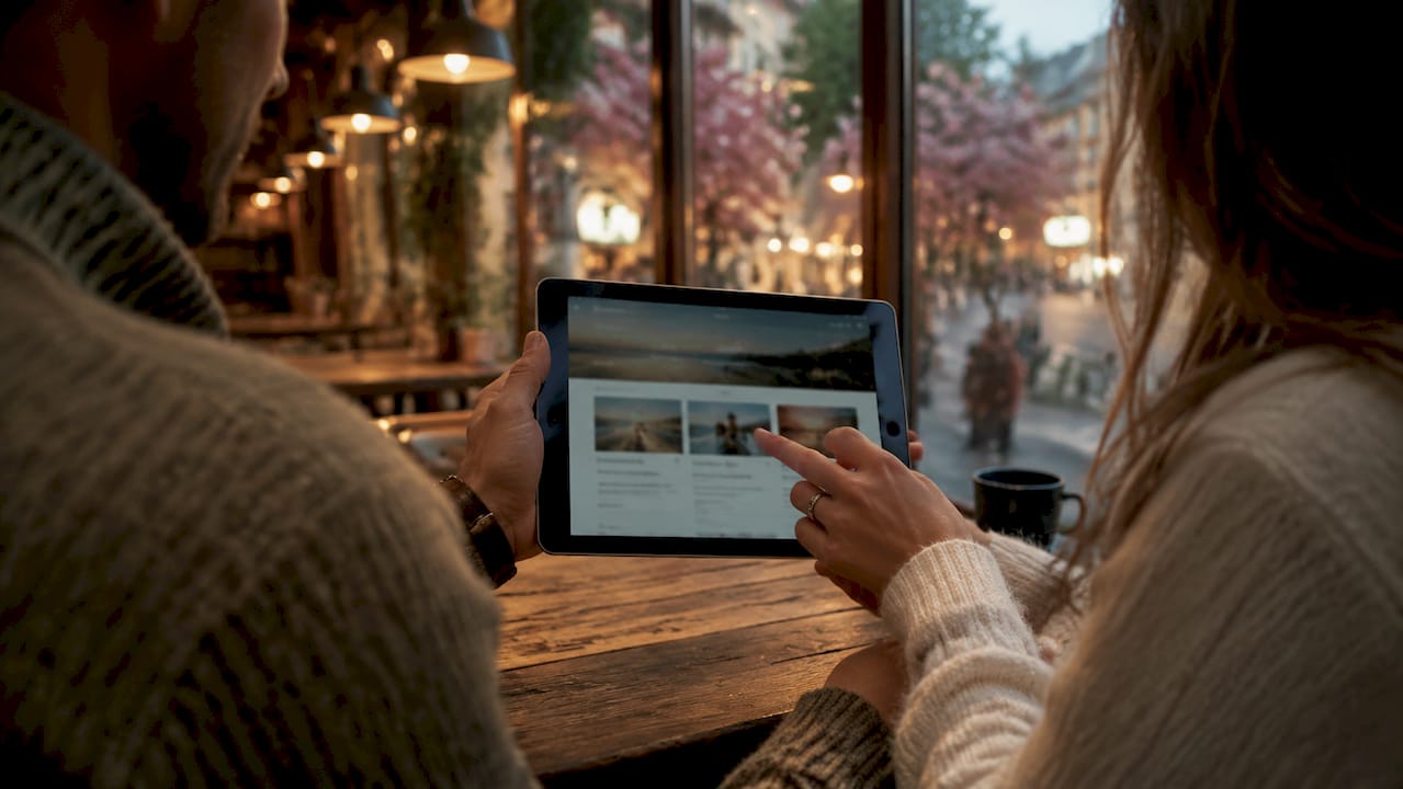 Couple browsing tour guides on smartphone