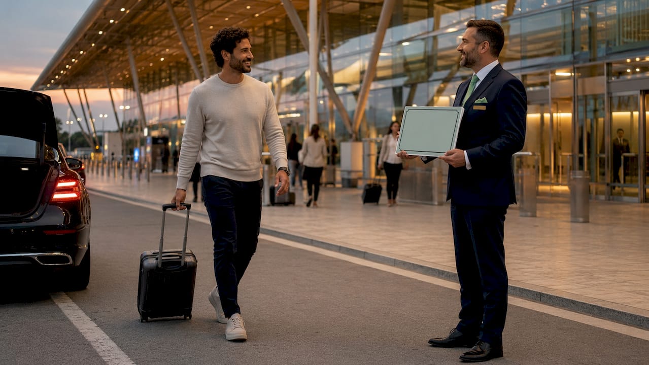 Chauffeur awaiting luxury traveler for airport transfer