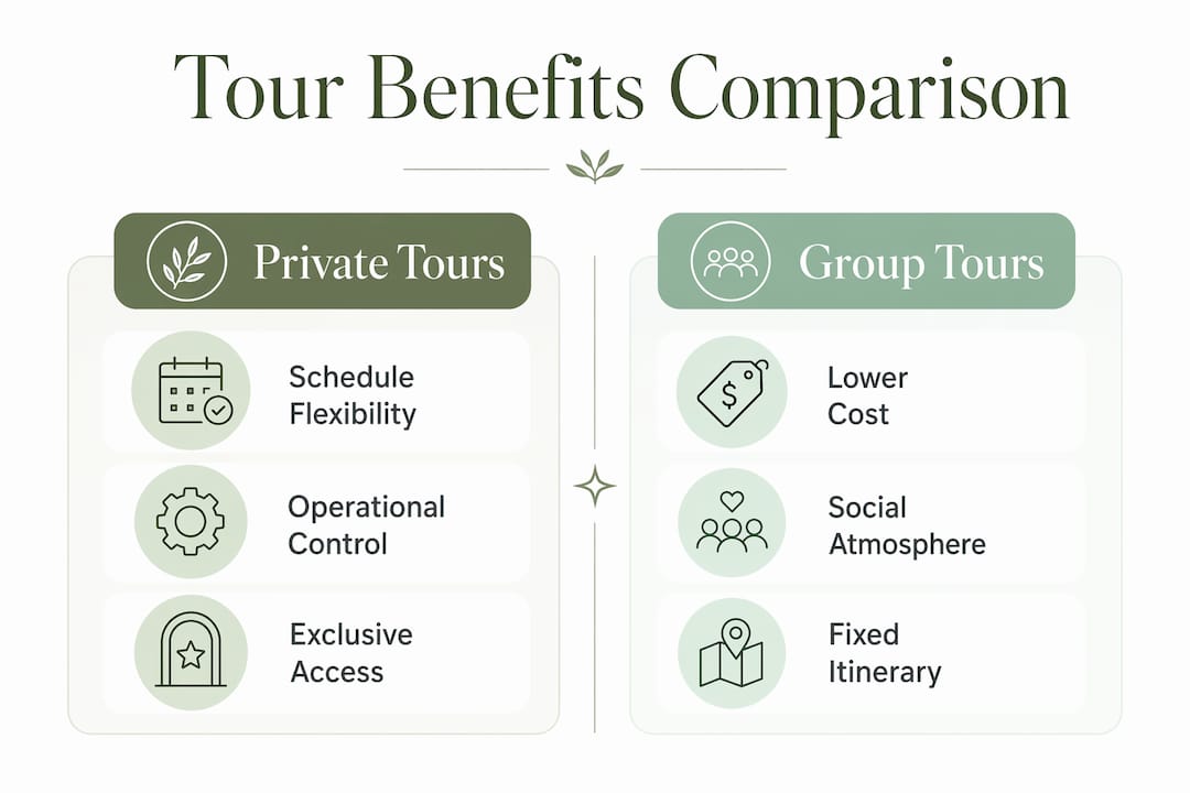 Infographic comparing private and group tour benefits