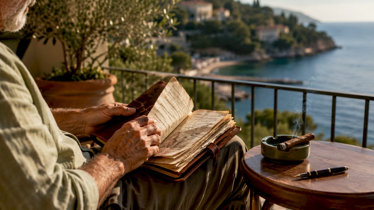Hands opening luxury travel journal