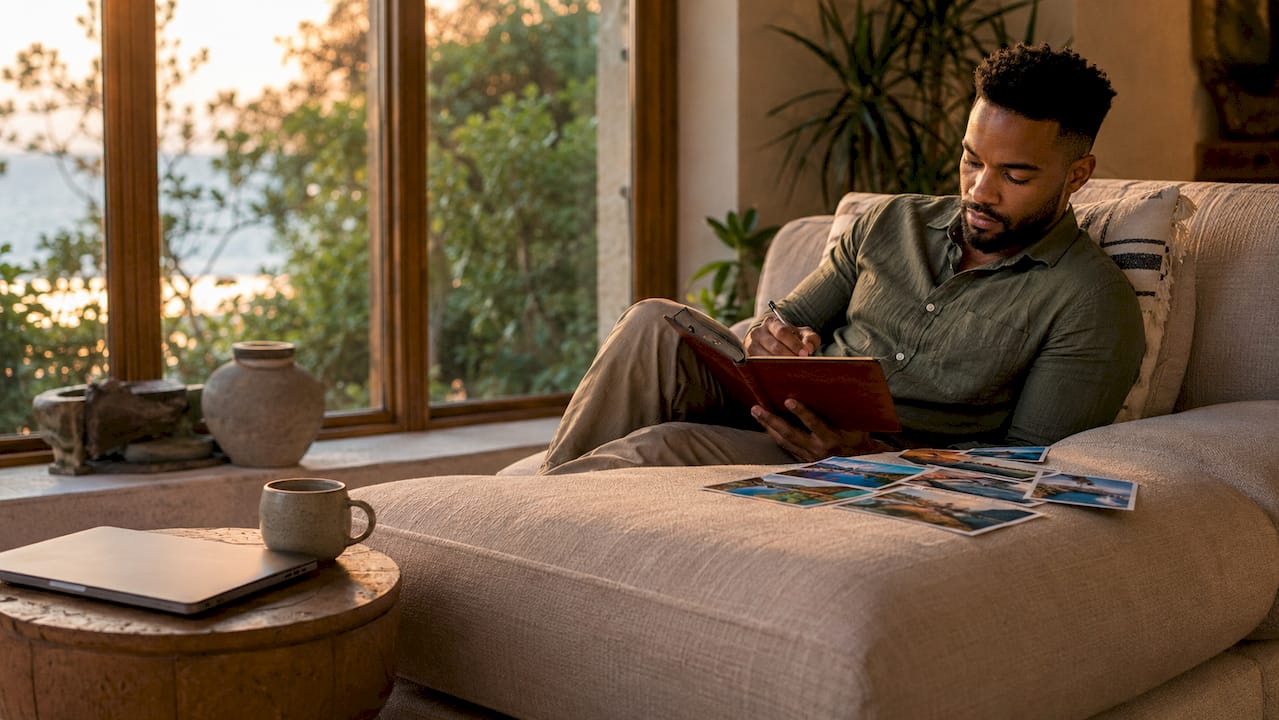 Man writing luxury travel motivations at home table