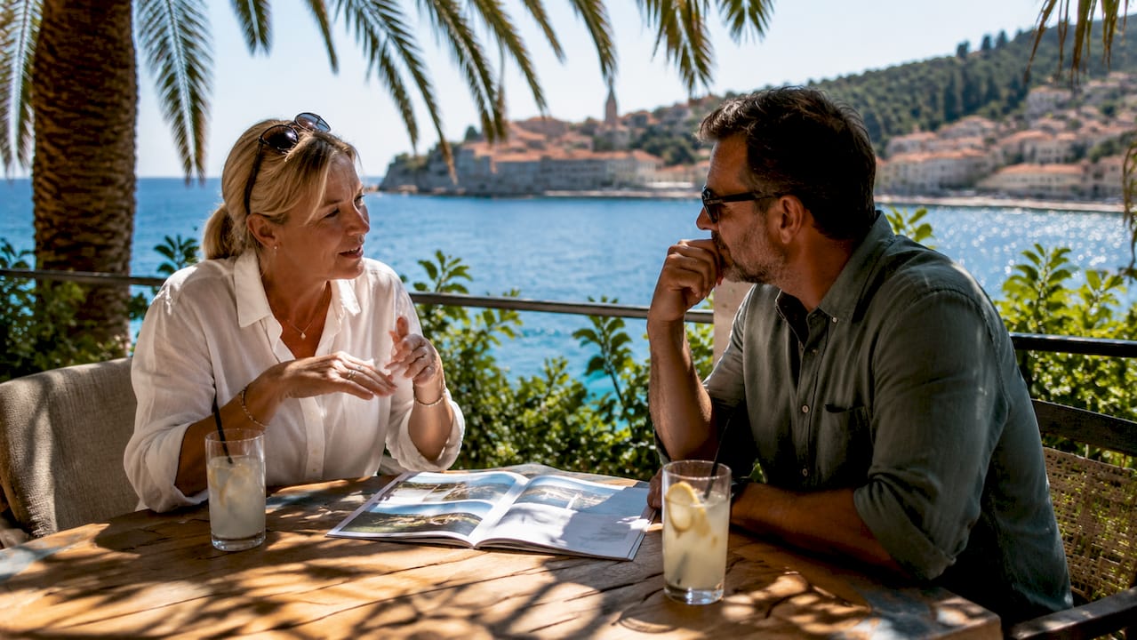 Couple discussing tour priorities at cafe