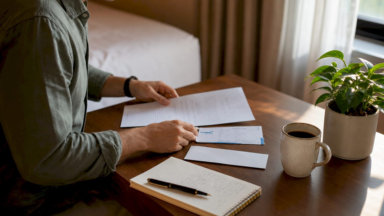 Traveler organizing transfer and flight documents on desk