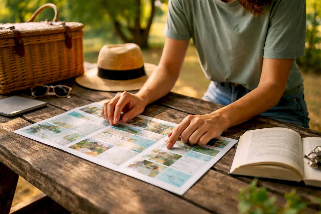 Hands marking personalized tour itinerary checklist
