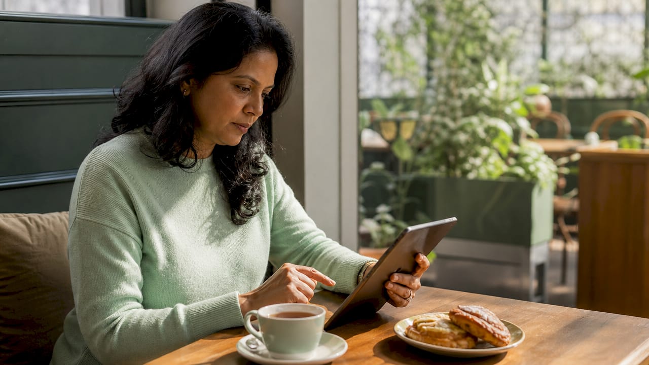 Woman booking private shuttle on tablet at home