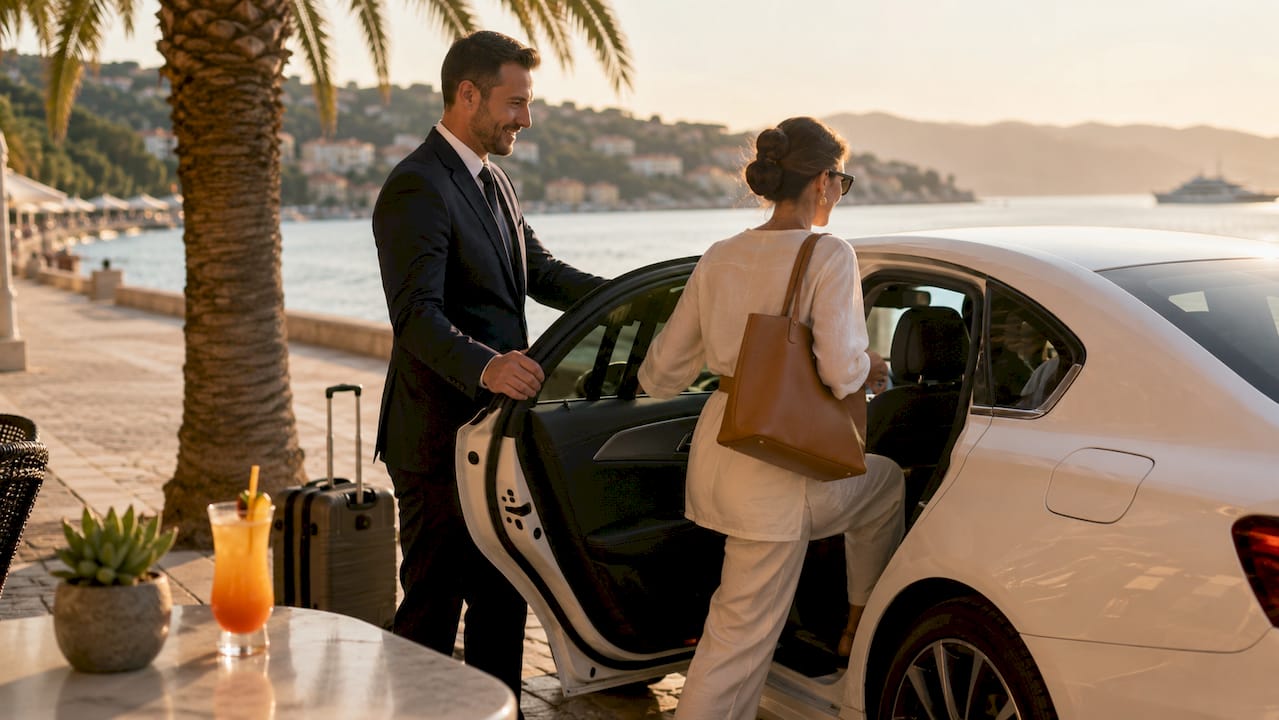 Female traveler entering car assisted by chauffeur