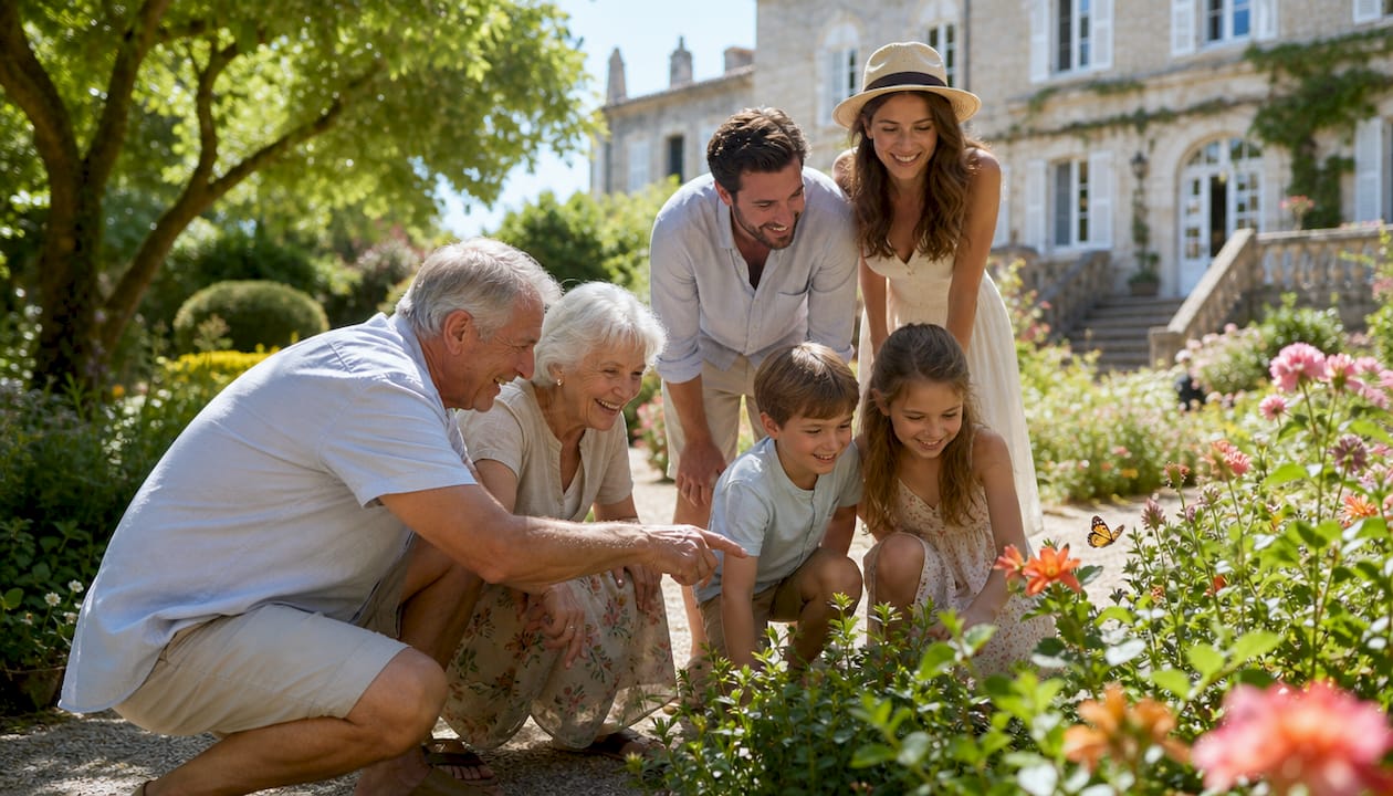 Multi-generational family exploring historic estate garden