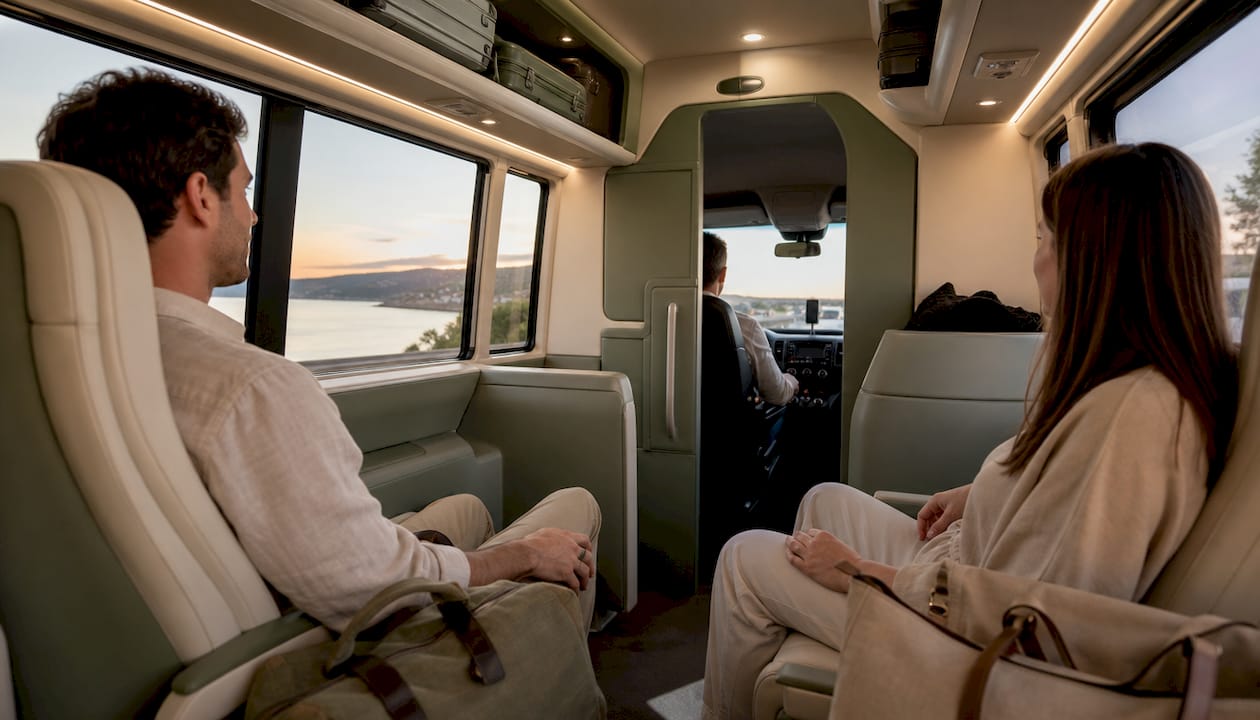 Passengers seated inside door to door shuttle van