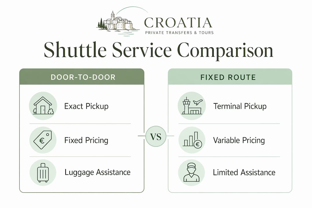 Infographic comparing door-to-door and fixed-route shuttle services