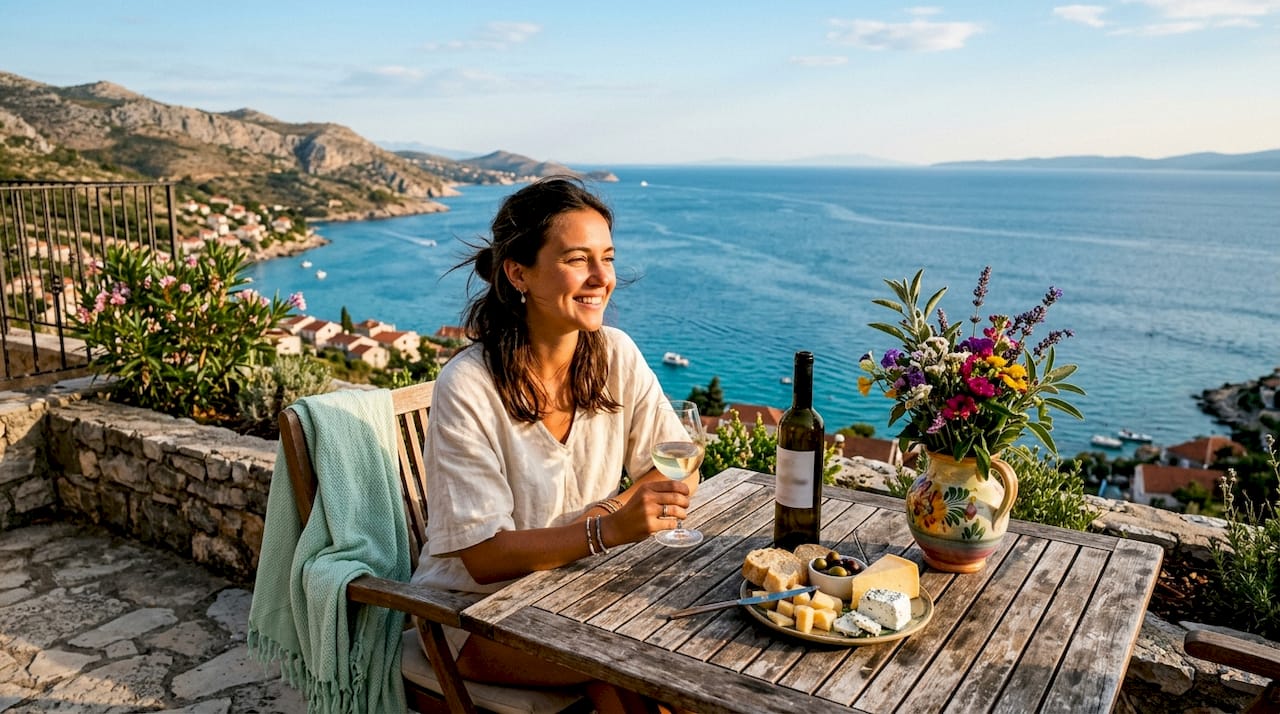 Woman tasting white wine at coastal Croatian vineyard