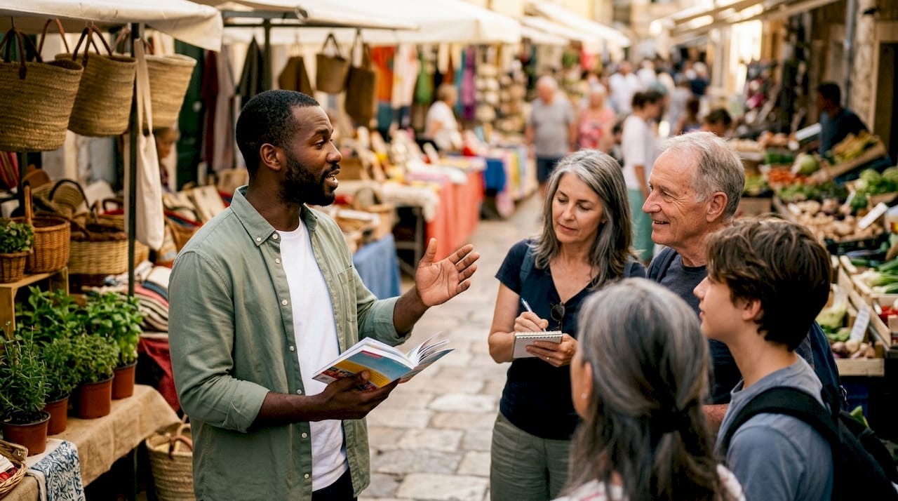 Tour guide explaining history to group outdoors