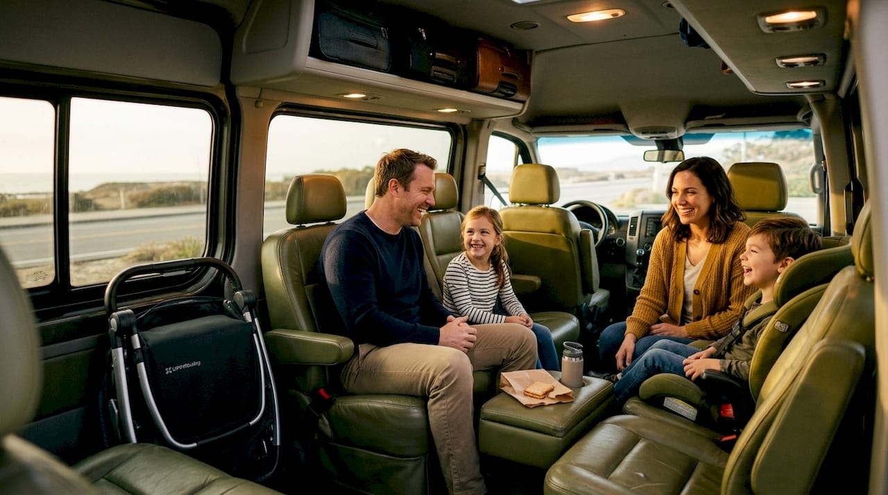 Interior of shuttle van with passengers and luggage