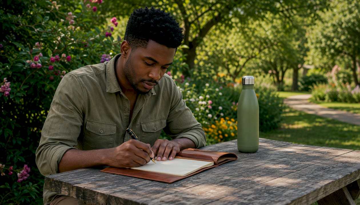 Man writing travel goals outdoors on bench