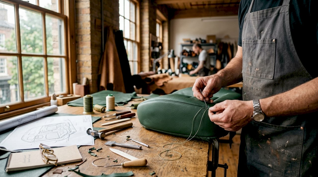 Craftsman hand stitching luxury leather upholstery